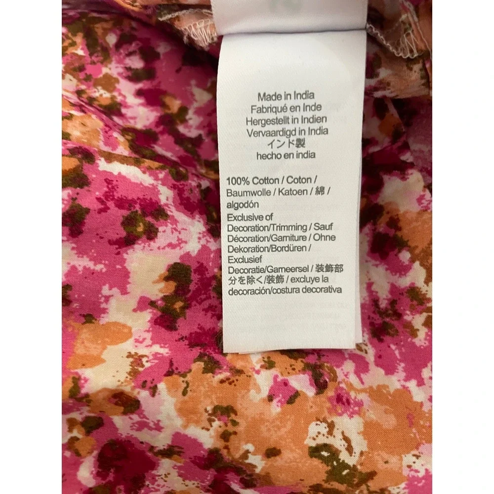 J.Crew Smocked Neck Puff Sleeve Poplin Top Pink Orange Abstract Floral Size M